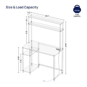 HMYHUM Acrylic Desk with Charging Station & Hutch, 39.4", Clear Computer Desk with USB Ports & Outlet, Storage Shelves for Home Office, Writing, Study, Modern