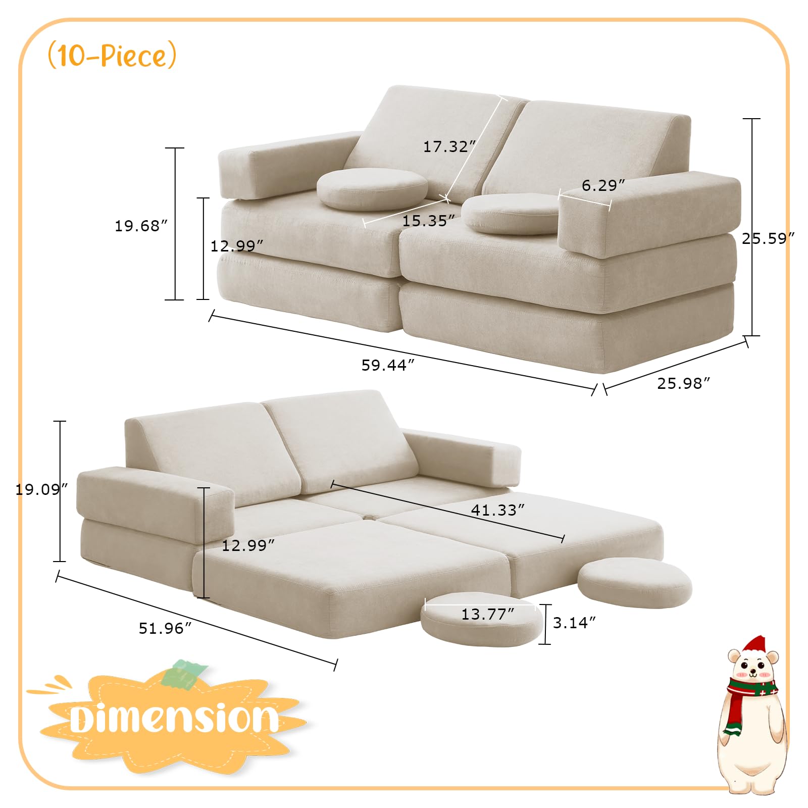 hooxnome Kids Couchs Modular Folding Floor Sofa for Kids 8pcs, Toddler Playroom Convertible Couch Play Sofa for Boys & Girls, Kids Imaginative Creative Climbing Play Couch (Beige)