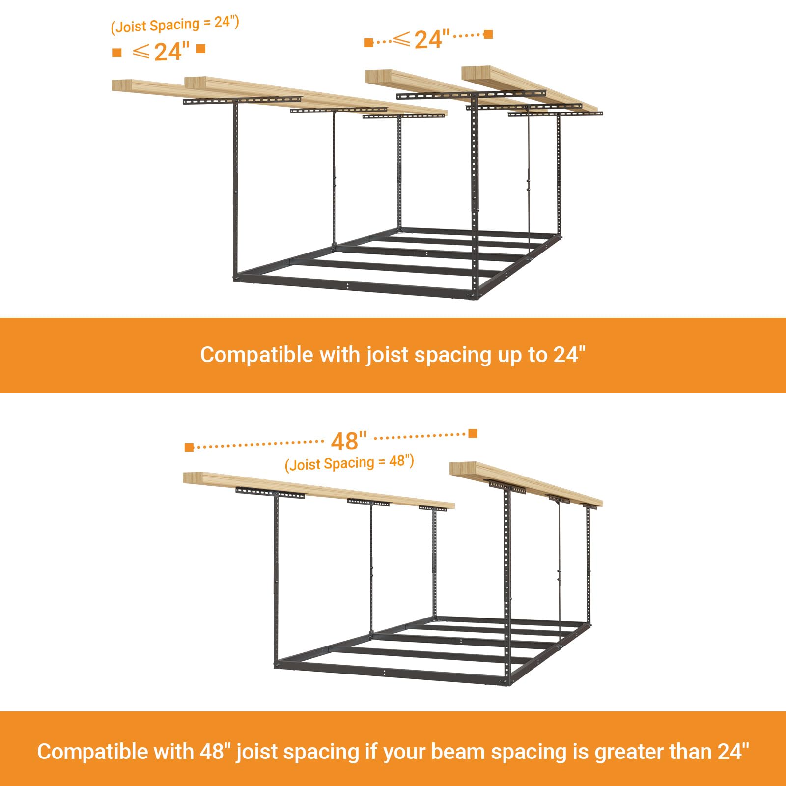 eShelf 4x8ft Overhead Garage Storage Rack Wooden Decking Not Included, Heavy Duty Metal Rack, Adjustable Ceiling Dropdown, 600lbs Weight Capacity (Black)