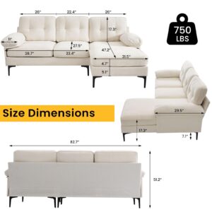 COHOME 83in L-Shaped Couch, Chenille Upholsted Sofa with Reversible Chaise,3-Seat Couch for Living Room, Convertible Sectional Couch with Removable Covers,White