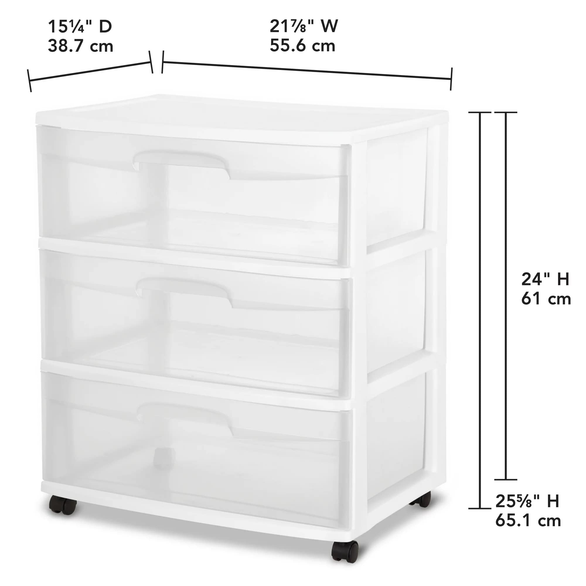 AtPRd Plastic Storage Drawer Cart, Medium Home Organization Storage Container with 3 Large Clear Drawers With Wheels (White)