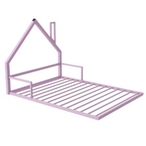 Kamsly FAVSH Full Size Metal Floor Bed with Chimney House-Shaped Headboard,Solid Wood Structure Bedroom Bed Frame W/Handrail,Easy Assembly,for Kids,Boys,Girls,Pink