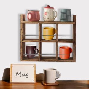 yiyueshijiu coffee mug display rack，wooden mug cup holder shadow box shelf wall mounted cup shelf mug display and organizer with dustproof top plate (carbonized)