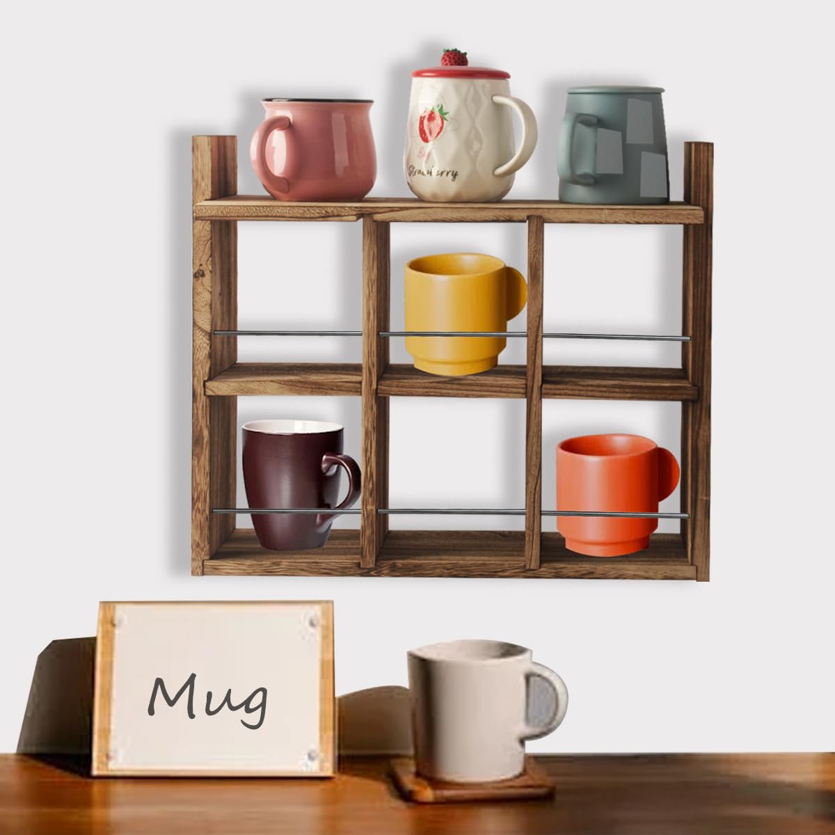 YIYUESHIJIU Coffee Mug Display Rack，Wooden Mug Cup Holder Shadow Box Shelf Wall Mounted cup shelf Mug Display And Organizer With Dustproof top plate (Carbonized)