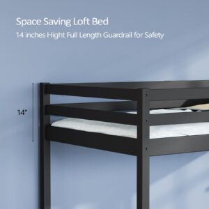 Bonnlo Low Loft Bed Twin Size with Inclined Stairs, Junior Loft Bed with High Guard Rail for Kids/Young Teens/Adults, Solid Wood Low Bunk Bed Twin Size Black, No Box Spring Required