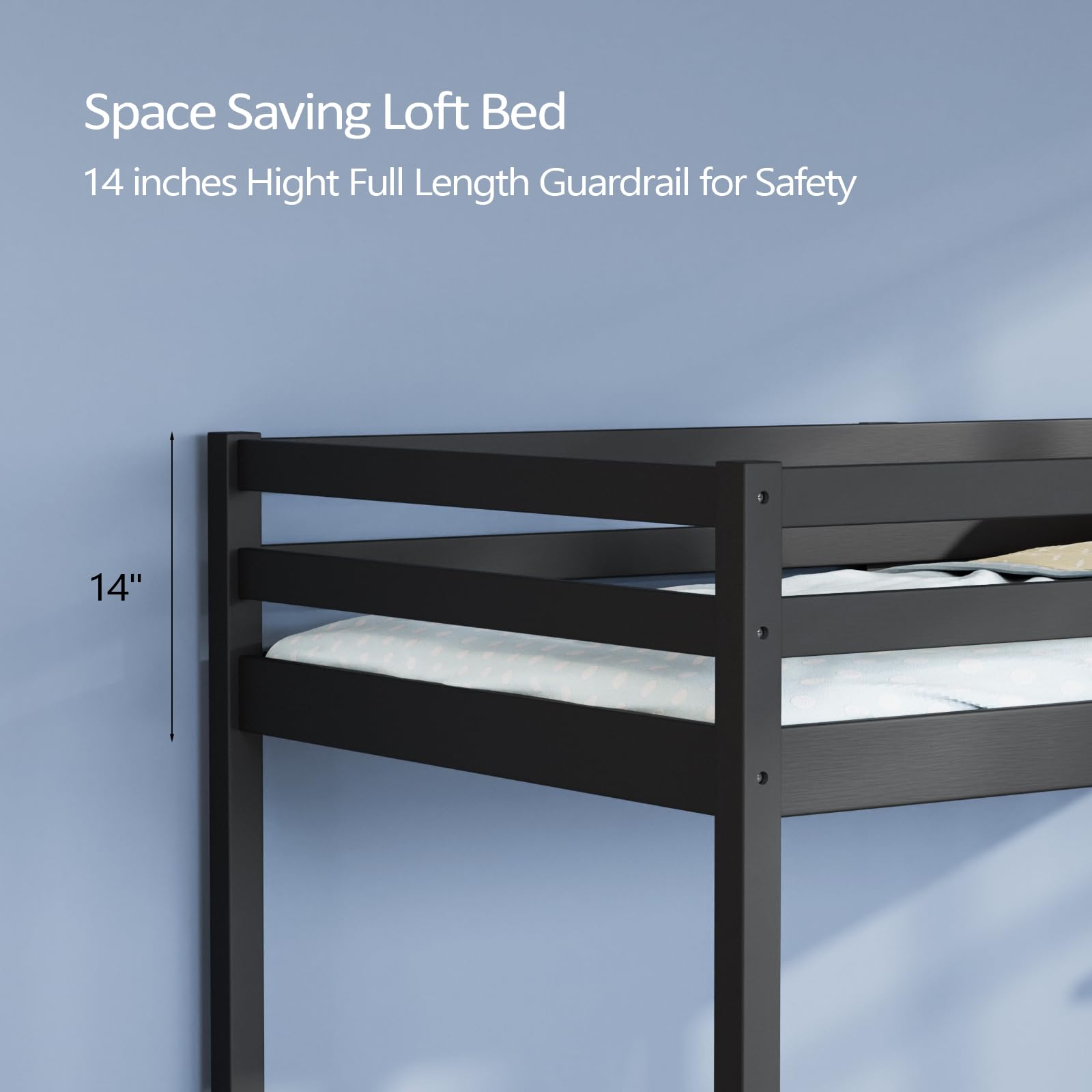 Bonnlo Low Loft Bed Twin Size with Inclined Stairs, Junior Loft Bed with High Guard Rail for Kids/Young Teens/Adults, Solid Wood Low Bunk Bed Twin Size Black, No Box Spring Required