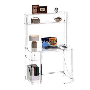 hmyhum acrylic desk with charging station & hutch, 39.4", clear computer desk with usb ports & outlet, storage shelves for home office, writing, study, modern