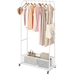 MOYIPIN Double Rods Clothing Rack with Wheels,Clothing Rack for Hanging Clothes Coat Scarves Bags,Multi-functional Bedroom Garment Rack,4 Hooks,White