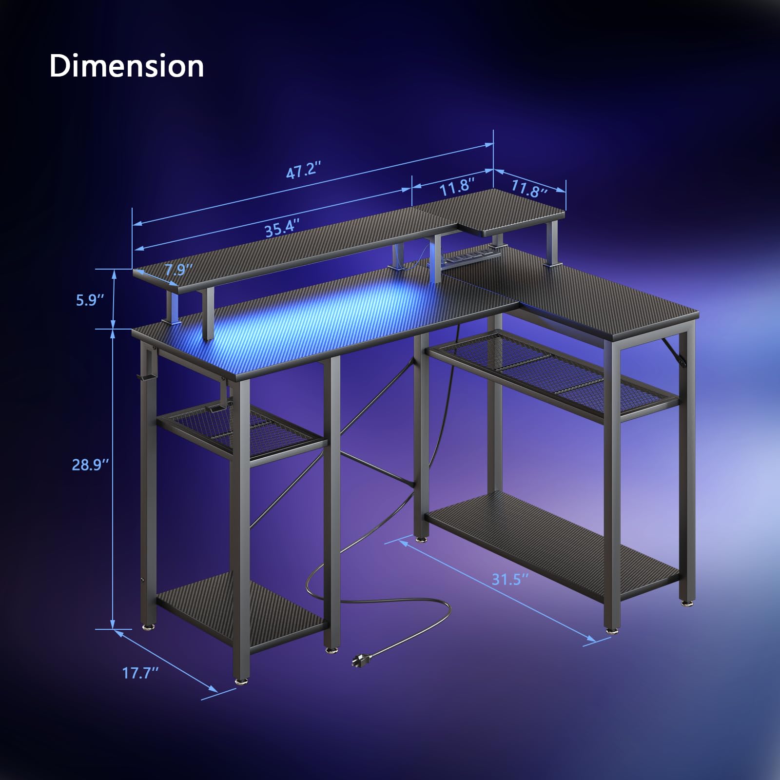 TREETALK Gaming Desk with Power Outlets & Music Strip Lights, L-Shaped Desk with 2-Layer Storage on Both Sides, Large Monitor Stand for Office Home