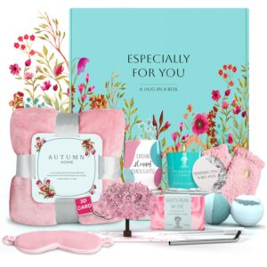 comforting get well soon gift baskets for women -10pc get well gifts for women after surgery, thoughtfully curated thinking of you self care package with blanket, tumbler, eye mask, soap, socks & more