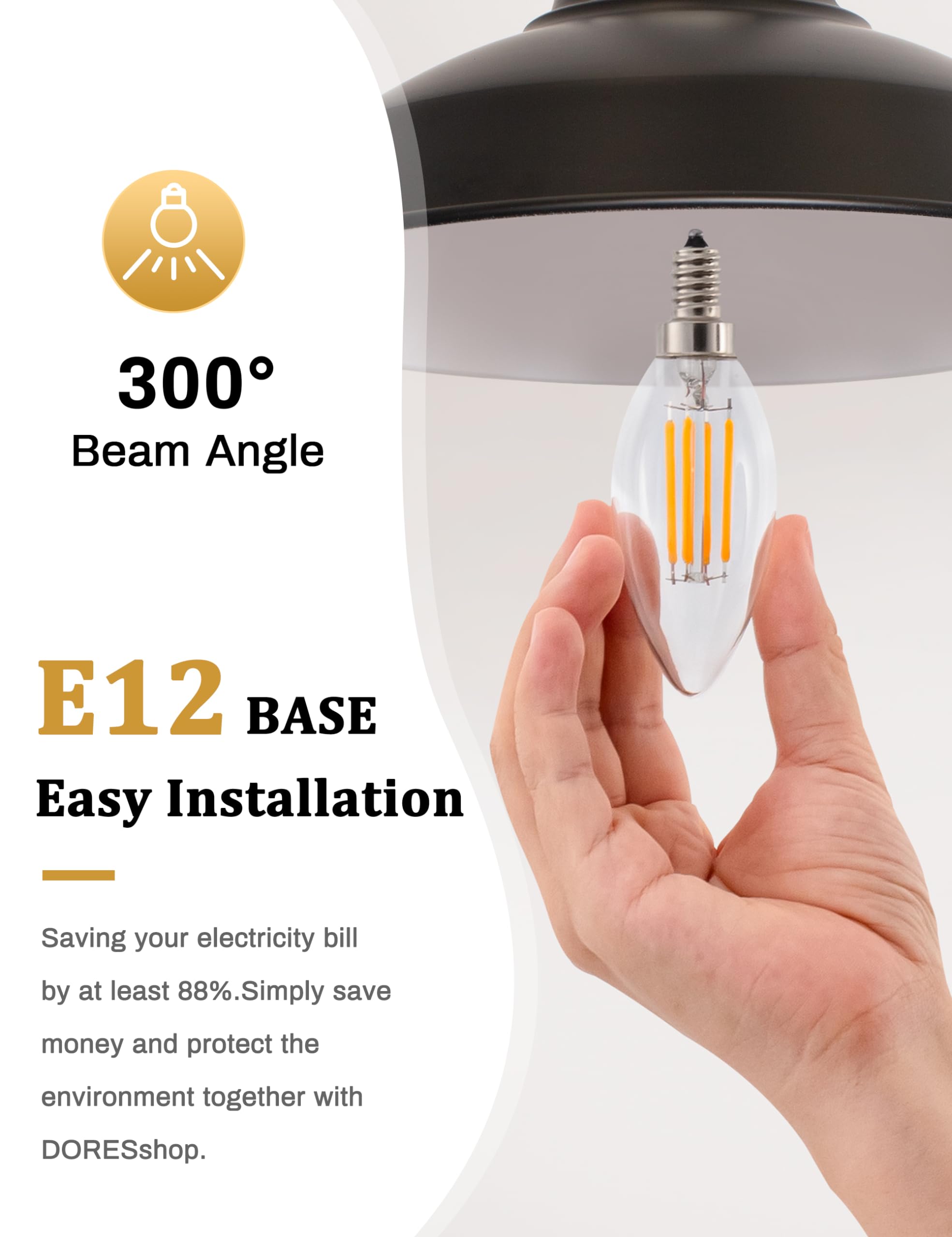 DORESshop Led Light Bulb, 40W Equivalent E12 Light Bulbs Led Light Bulb, Edison Bulbs, Chandelier Light Bulbs, Non-dimmable C35 Edison Filament Candle Bulbs, Soft White Light Bulbs 2700K,Decorative