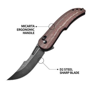 Cohesion Pocket Knives & Folding Knives - D2 Steel Blade Micarta Handle Reversible Pocket Clip, EDC Knife for Camping