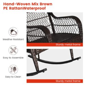 MEDIMALL Outdoor Wicker Rocking Chair, Patio Rattan Rocker w/Lumbar Pillow, Padded Seat & Back Cushions, Metal Frame, Mix Brown Wicker Furniture for Balcony, Porch, Deck, Backyard (Red)