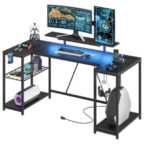 Bestier Gaming Desk with LED Lights & Power Outlets, 63 inch U Shaped Computer Desk with Monitor Stand & Storage Shelves, PC Desk with Cup Holder & Hook for Home Office, Black 3D Carbon Fiber