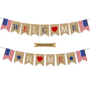 stcomart pre-strung welcome home banner, burlap patriotic welcome home decorations for army navy marines air force homecoming decoration