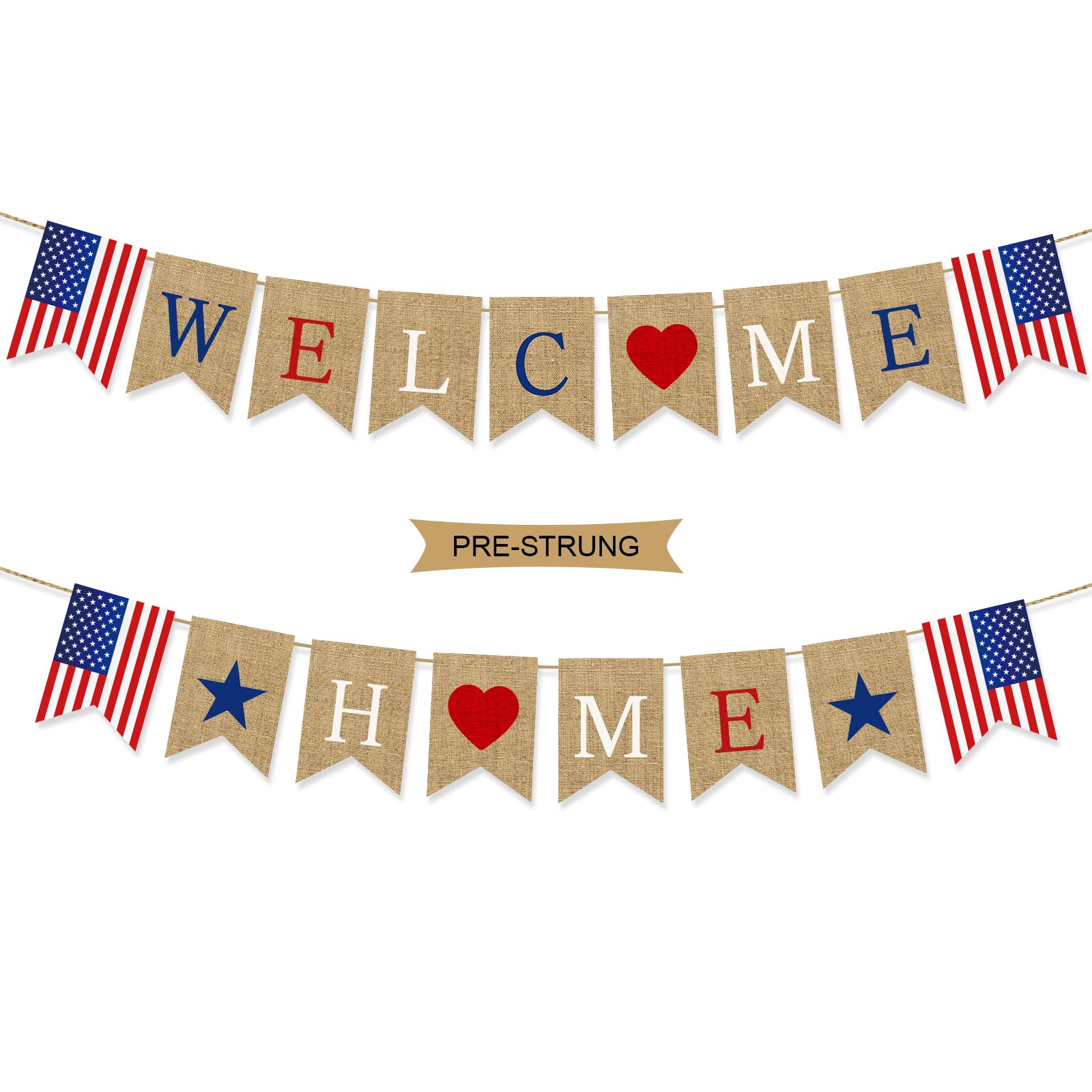 Stcomart Pre-Strung Welcome Home Banner, Burlap Patriotic Welcome Home Decorations for Army Navy Marines Air Force Homecoming Decoration