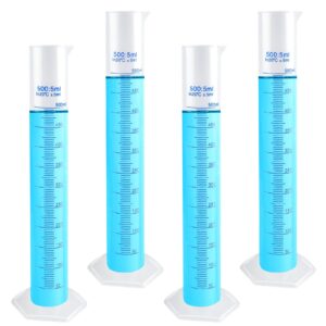 akamino 4 packs 500ml plastic graduated cylinder,transparent measuring cylinder set with pour spout, 2-sided making plastic lab test tube for science projects, laboratory supplies