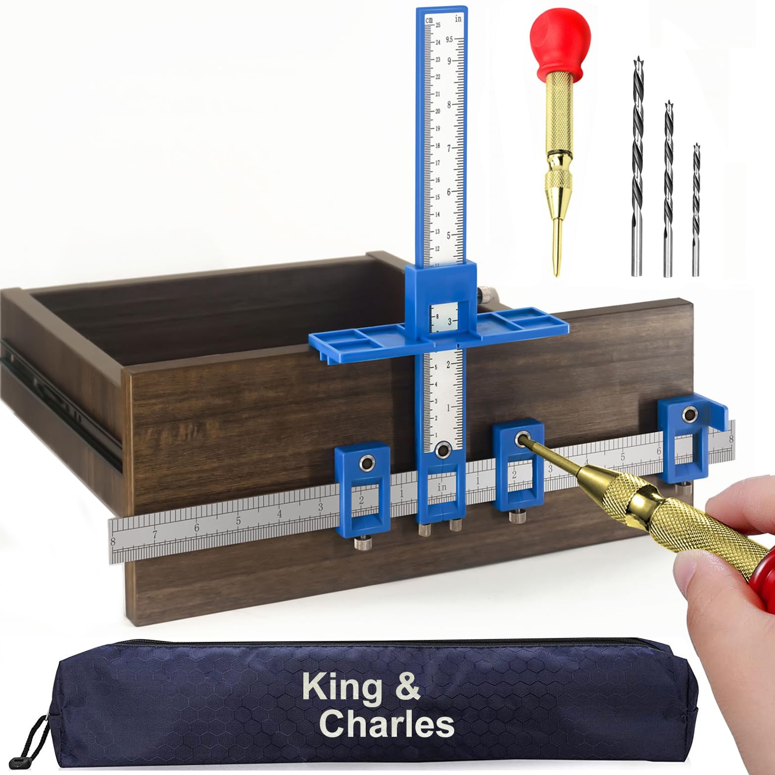 King&Charles Cabinet Hardware Jig, Cabinet Handle Jig + Automatic Hole Punch + Point Drill Bits, Cabinet Jig for Handles and Pulls on Drawers/Cabinets, Cabinet Hardware Template Tool Perfect Set.