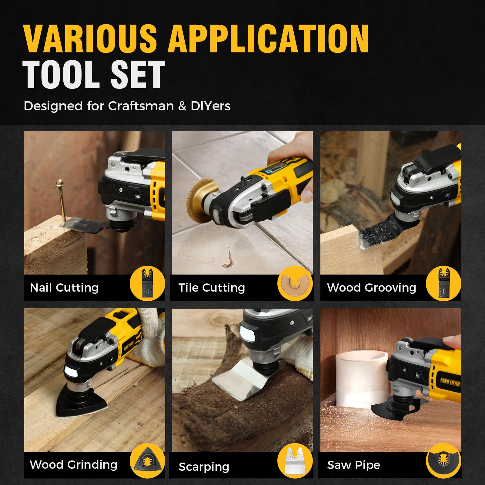 Alloyman 20V Cordless Brushless Oscillating Tool, 19000OPM, 3° Oscillating Angle MultiTool, 6 Variable Speed, Quick Change, LED, 2000mAh Battery, 24 Pcs Multitool Saw for Cutting/Grinding/Sanding