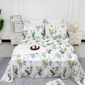 FADFAY California King Size Sheets Set Premium 100% Cotton Green Floral Bed Sheet Botanical Lavender Leaf Daisy White Deep Pocket Fitted Sheet Soft Shabby Sheets Pillowcases Set 4Pcs, Cal King