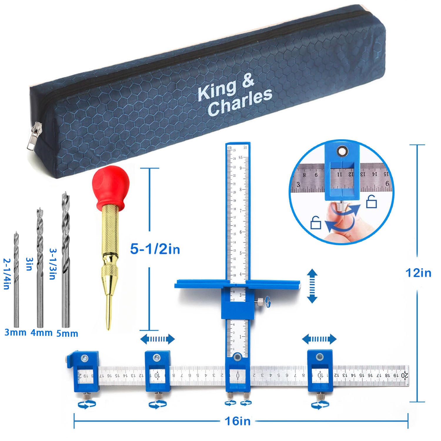 King&Charles Cabinet Hardware Jig, Cabinet Handle Jig + Automatic Hole Punch + Point Drill Bits, Cabinet Jig for Handles and Pulls on Drawers/Cabinets, Cabinet Hardware Template Tool Perfect Set.