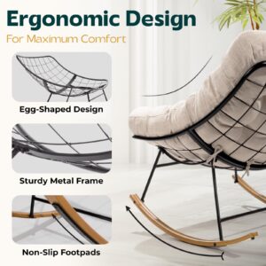 Bme Patio Rocking Chair Outdoor and Indoor, Modern Metal Lounge Rocker with Thick 7'' Cushion, 400lbs Capacity, Ergonomic Design, Easy Assembly, Beige Cushion - Wood Texture Rocker