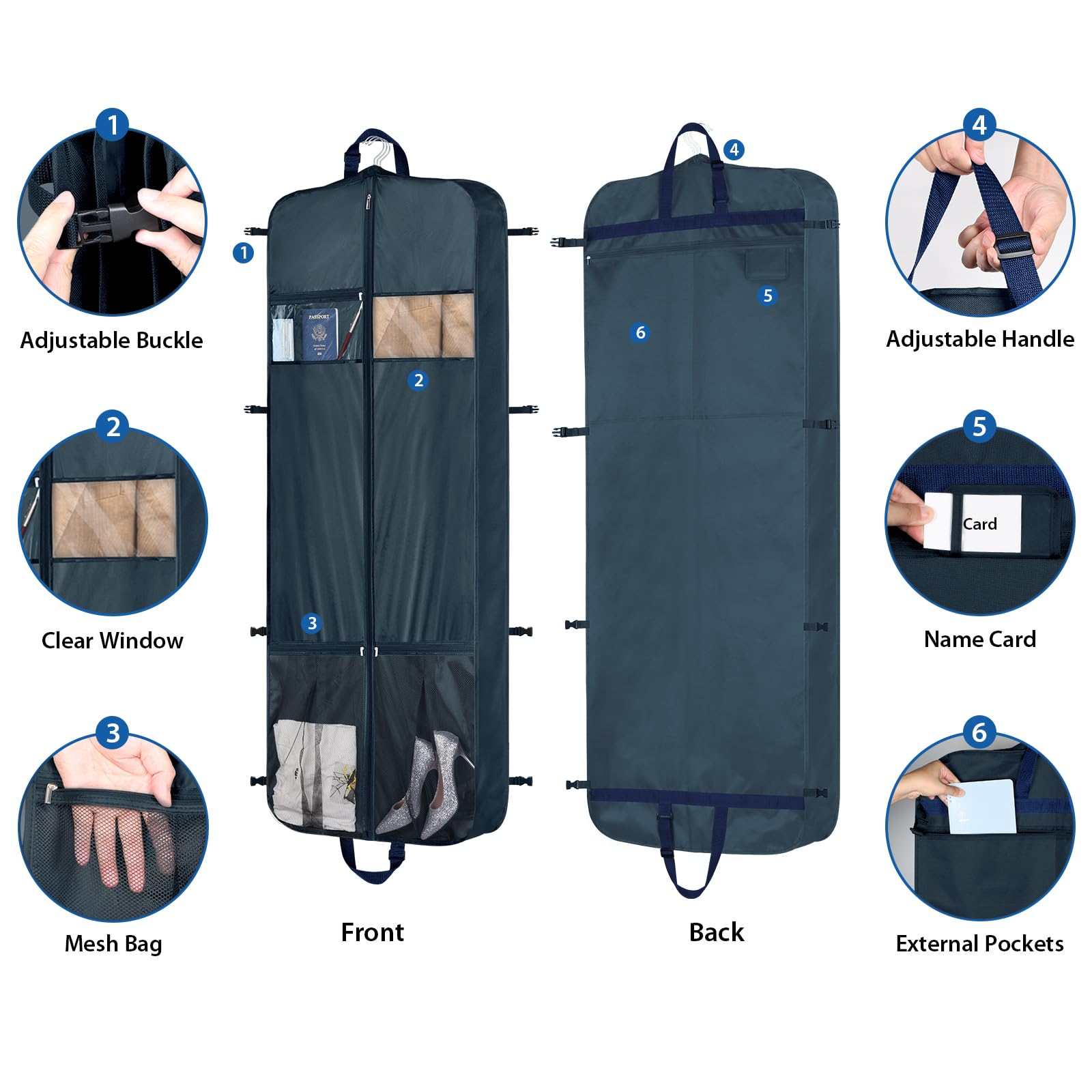 Zilink 60" Garment Bags for Travel Dress Travel Bag for Closet Storage with Adjustable Handles and Stable Buckles for Suits, Dresses, Navy Blue