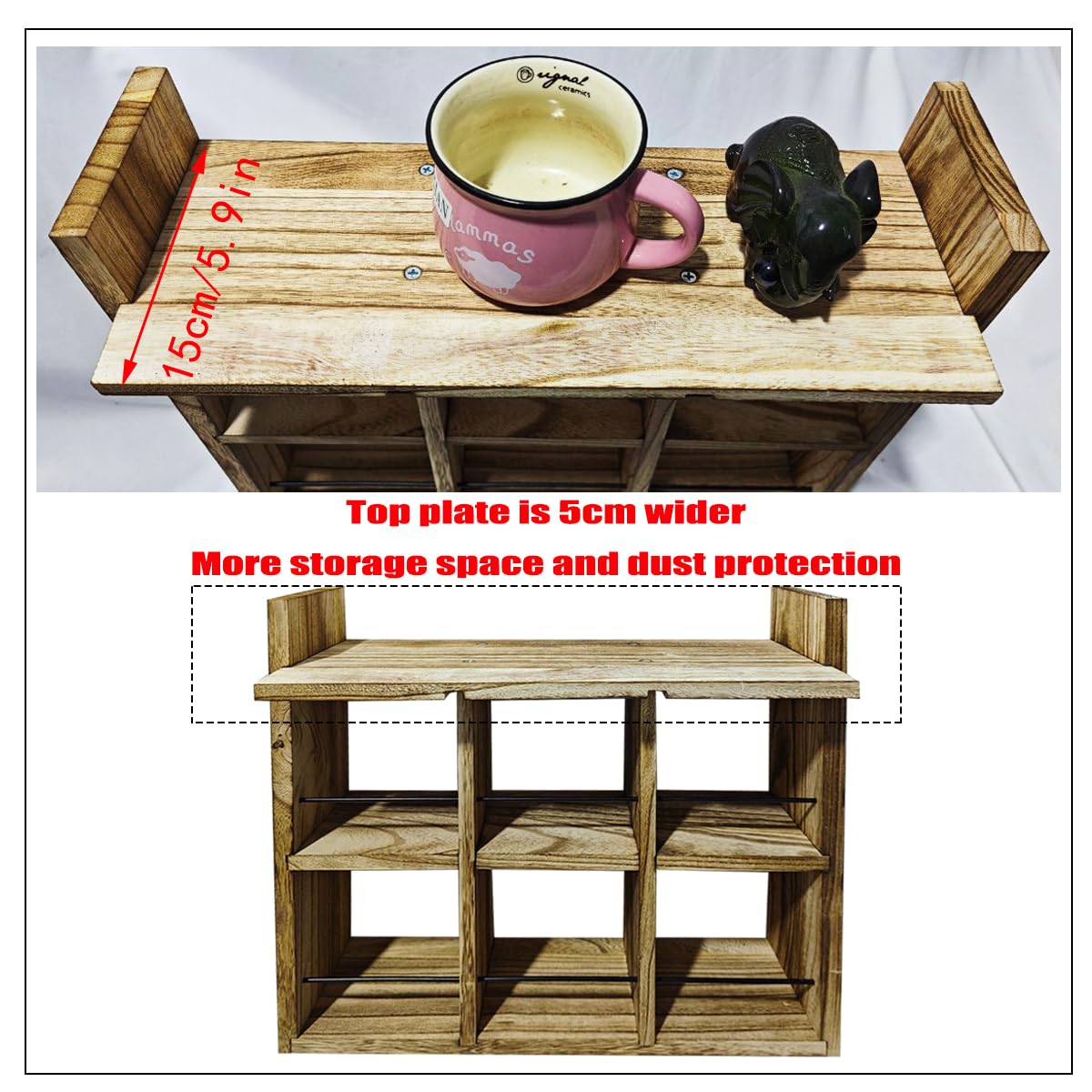 YIYUESHIJIU Coffee Mug Display Rack，Wooden Mug Cup Holder Shadow Box Shelf Wall Mounted cup shelf Mug Display And Organizer With Dustproof top plate (Carbonized)