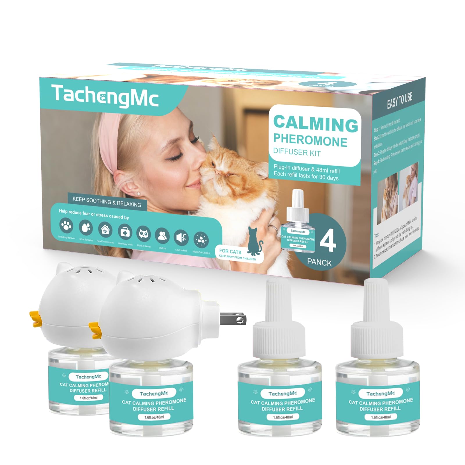 TachengMc Cat Calming Diffuser, Cat Pheromones Calming Diffuser with 2 Diffuser + 4 Refill 48ml, 6-in-1 Cat Anxiety Relief Cat Pheromone Diffuser Kit 120 Days, Pheromone Diffuser to Calm Cats