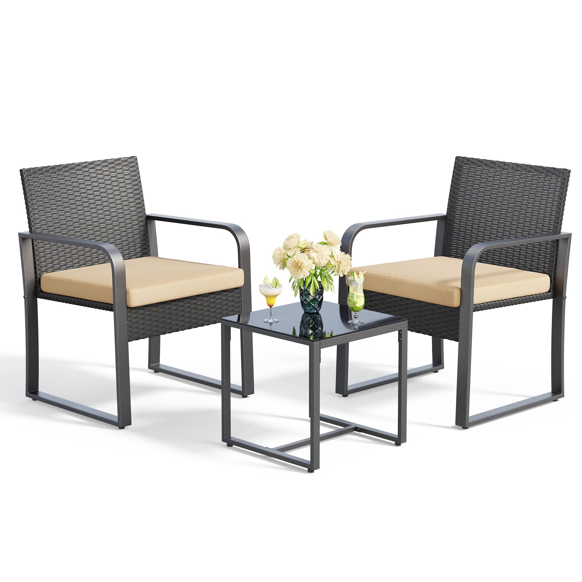 Gizoon 3 Pieces Patio Bistro Sets, Outdoor Rattan Conversation with Glass Table, Wicker Furniture Set with Cushion, for Backyard, Porch, Poolside, Lawn, Beige