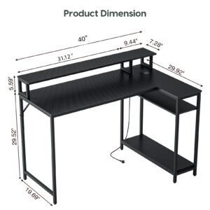 WASAGUN Gaming Desk,40 Inch L Shaped Desk with LED Lights&Power Outlets,Office Desk with Storage Shelves,Small Corner Computer Desk for Bedroom,Carbon Fiber Surface,Black Table