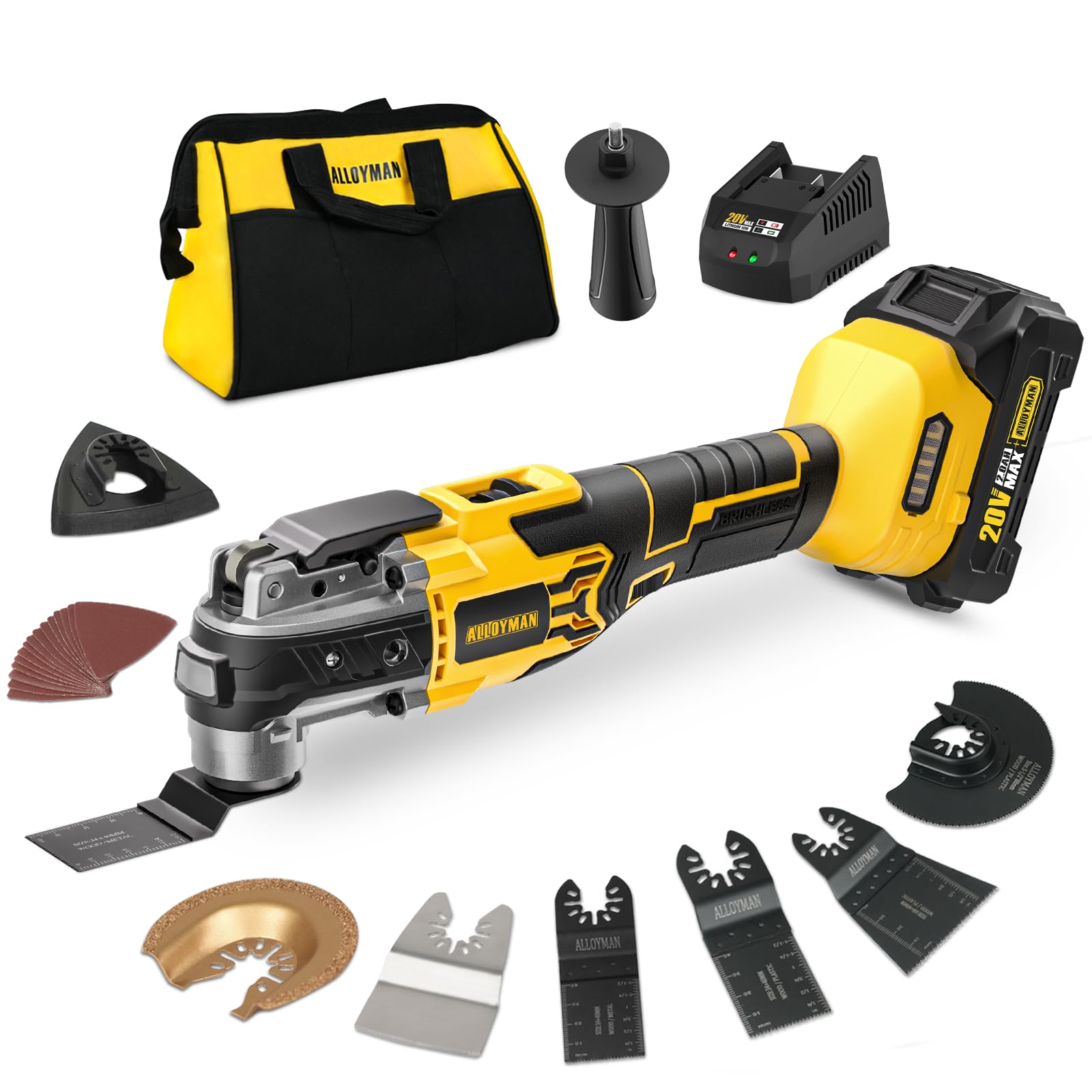 Alloyman 20V Cordless Brushless Oscillating Tool, 19000OPM, 3° Oscillating Angle MultiTool, 6 Variable Speed, Quick Change, LED, 2000mAh Battery, 24 Pcs Multitool Saw for Cutting/Grinding/Sanding