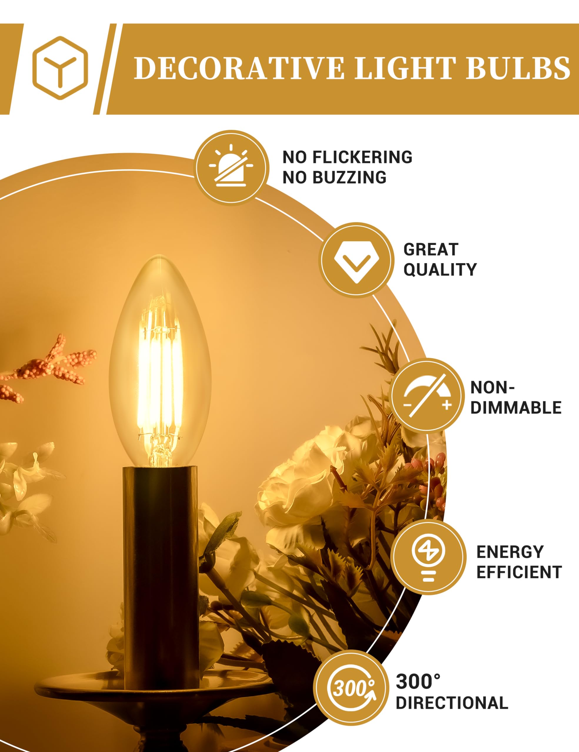 DORESshop Led Light Bulb, 40W Equivalent E12 Light Bulbs Led Light Bulb, Edison Bulbs, Chandelier Light Bulbs, Non-dimmable C35 Edison Filament Candle Bulbs, Soft White Light Bulbs 2700K,Decorative