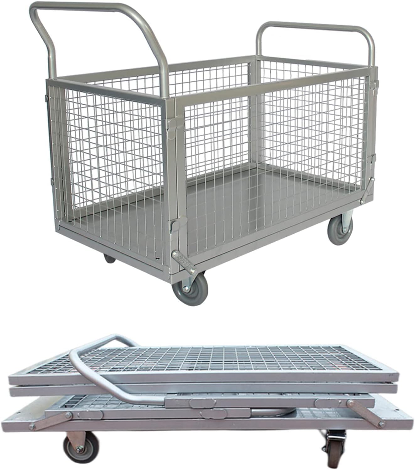 BaiYouMei Platform Truck Cart with Cage,4in1 Foldable Hand Truck Flat Cart 39"x24" Heavy Duty Push Cart Dolly, Load 1000lbs Large Flatbed Hand Truck Cart for Grocery, Laundry, Shelving, Storage