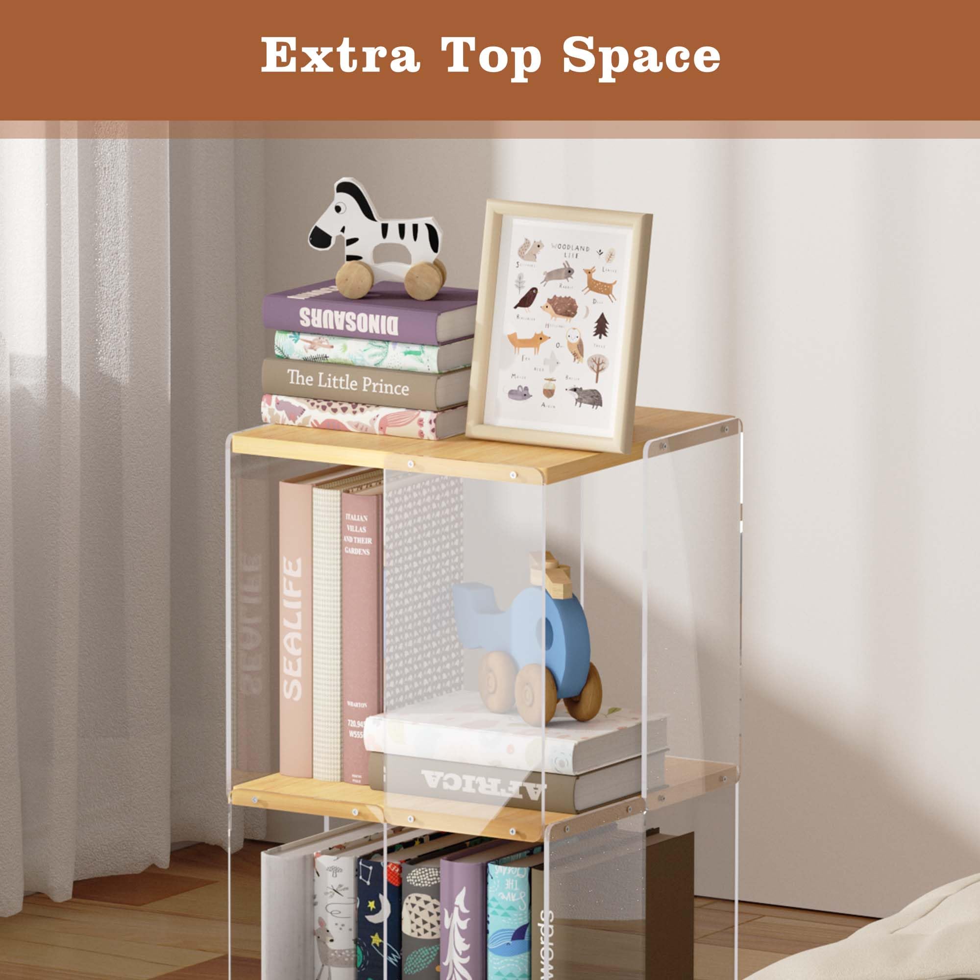 tonchean Rotating Bookshelf, 2-Tier Acrylic Bookcase Clear Floor Standing Display Case Bamboo Book Display Shelf for Classroom Playroom Bedroom Living Room