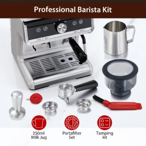 Espresso Machine with Grinder - 20 Bar Pressure, Brushed Stainless Steel, Espresso Coffee Maker with Milk Frother, for Home Barista, Commercial Cappuccino Machines Use, Ideal for Work, Breakfast