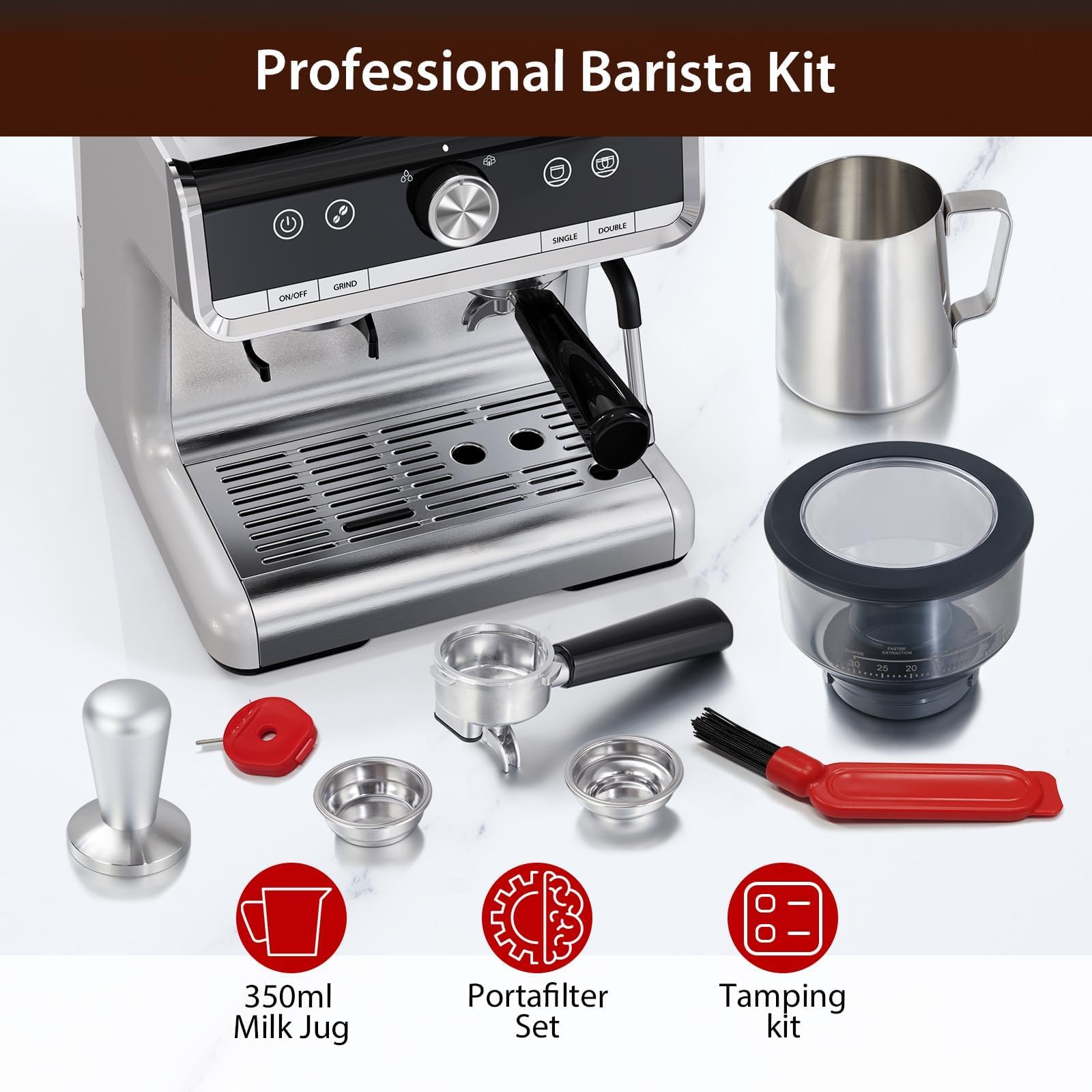 Espresso Machine with Grinder - 20 Bar Pressure, Brushed Stainless Steel, Espresso Coffee Maker with Milk Frother, for Home Barista, Commercial Cappuccino Machines Use, Ideal for Work, Breakfast