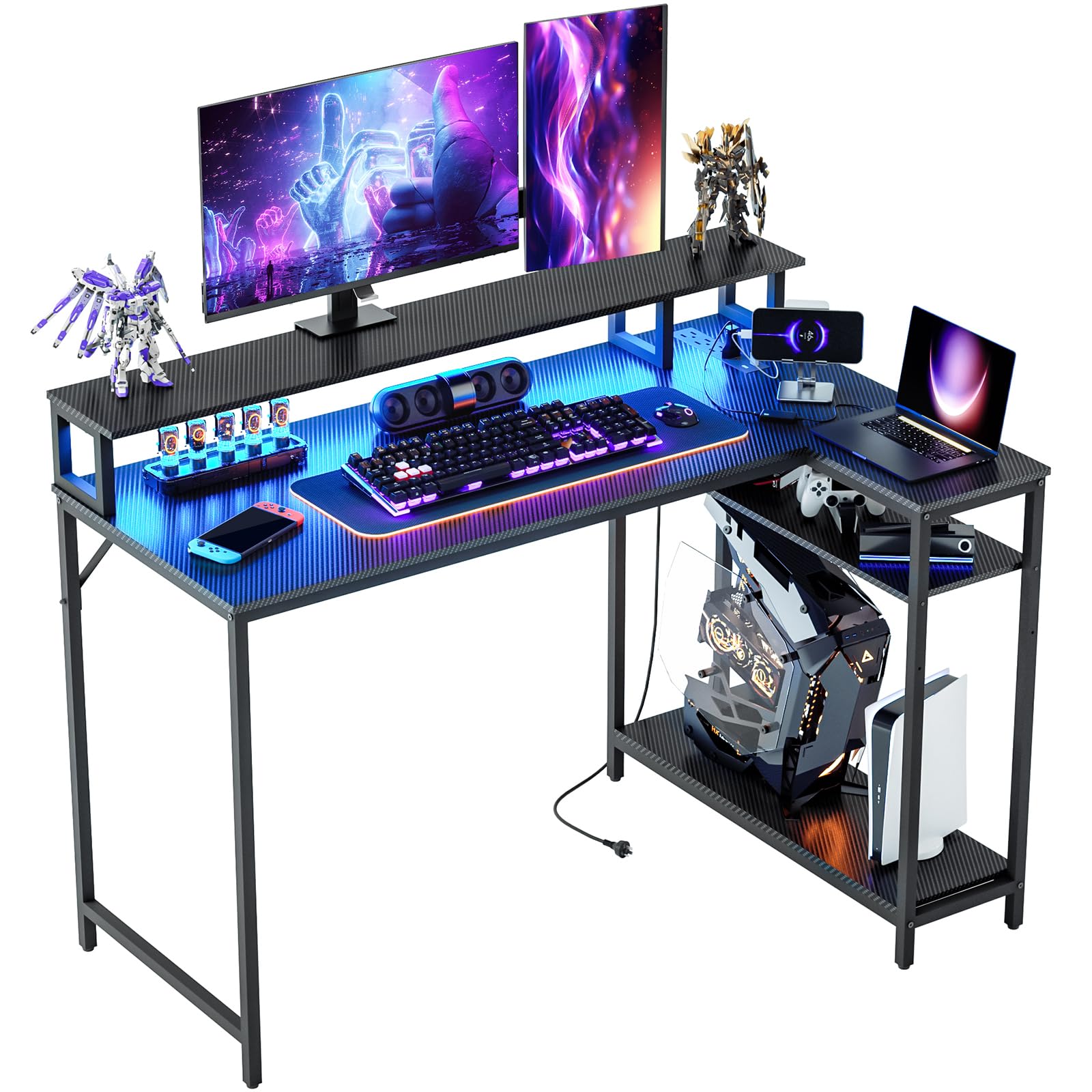 WASAGUN Gaming Desk,40 Inch L Shaped Desk with LED Lights&Power Outlets,Office Desk with Storage Shelves,Small Corner Computer Desk for Bedroom,Carbon Fiber Surface,Black Table