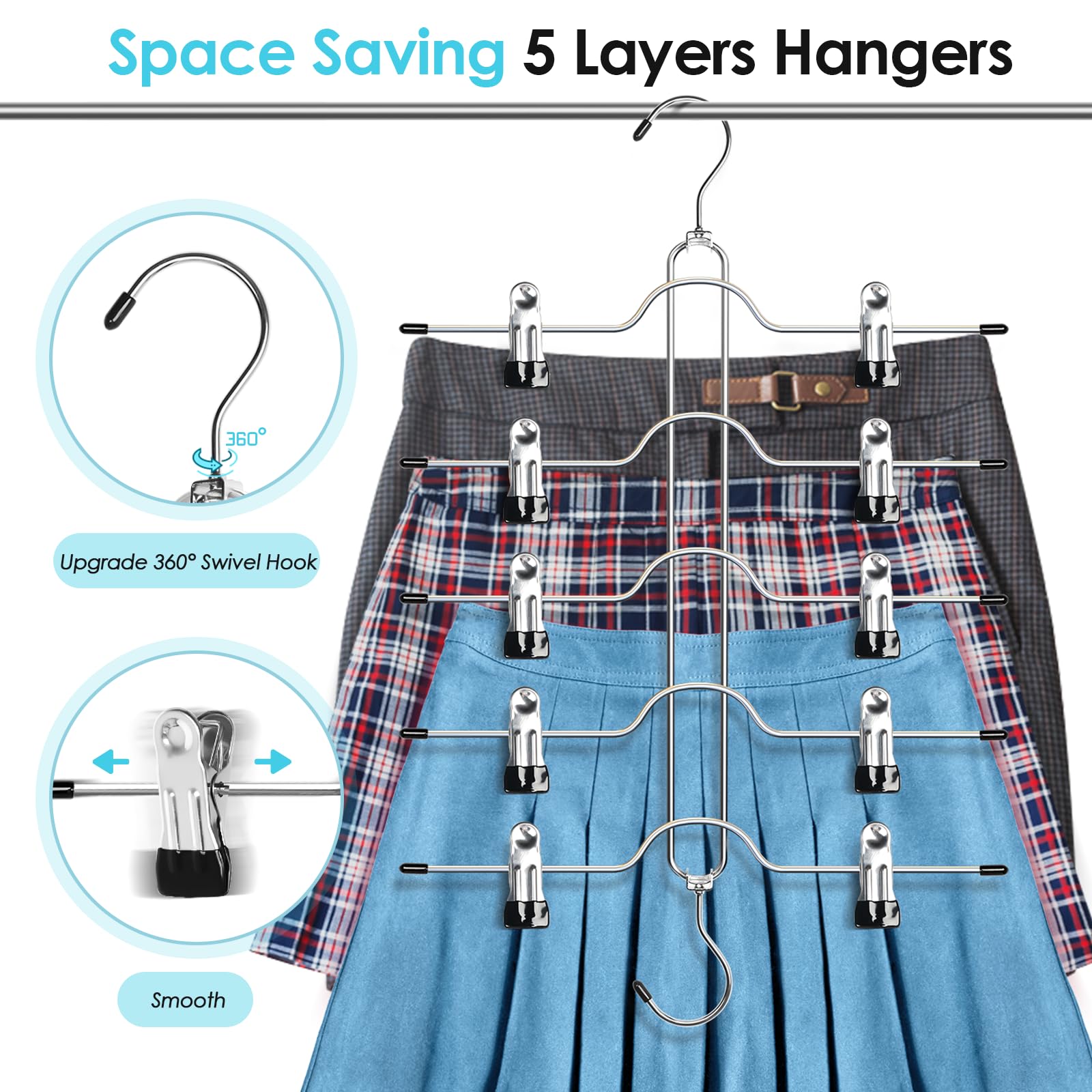 Skirt Hangers with Clips, Jadkysarh 5 Tier Pants Skirt Hangers Space Saving Multi Shorts Hangers with Adjustable Clips Closet Organizer and Storage for Jeans, Leggings - 2 Pack