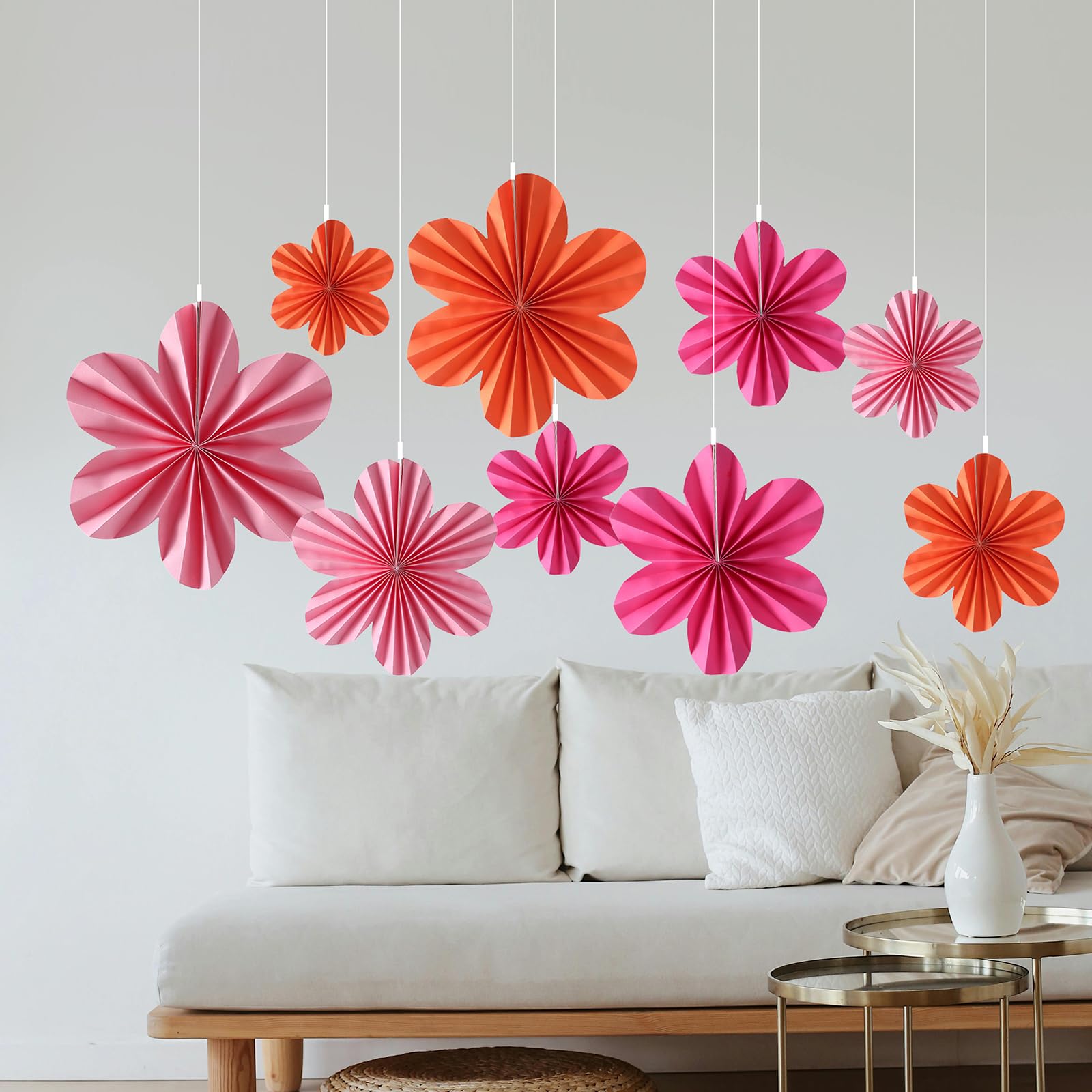 Paper Flowers Decorations Heart Wall Paper Fans for Celebration/Wedding/Birthday/Carnival/Welcome Party Decorations,Rainbow,Set of 9 (Rose/Pink/Orange)