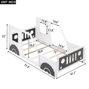 Jigichu Twin Size Classic Car-Shaped Platform Bed with Wheels for Boys Car Bed Frames for Kids 77.4''L*41.7''W*32''H (White, Twin)