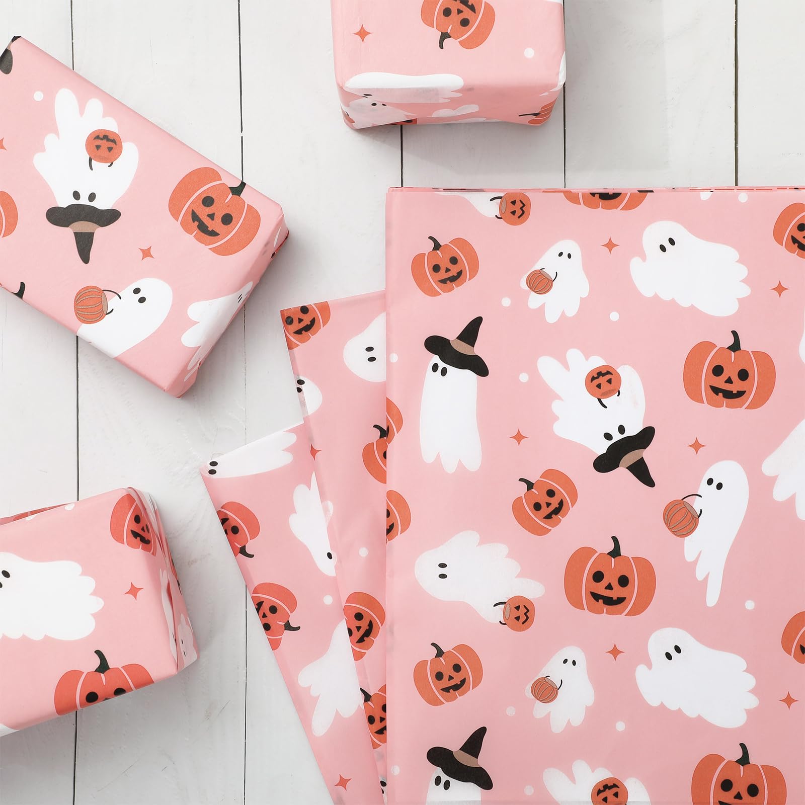 JarThenaAMCS 100 Sheet Halloween Tissue Paper Little Boo Gift Wrapping Paper Pink Pumpkin Ghost Decorative Art Paper for DIY Crafts Birthday Party Supplies, 14 x 20 Inch