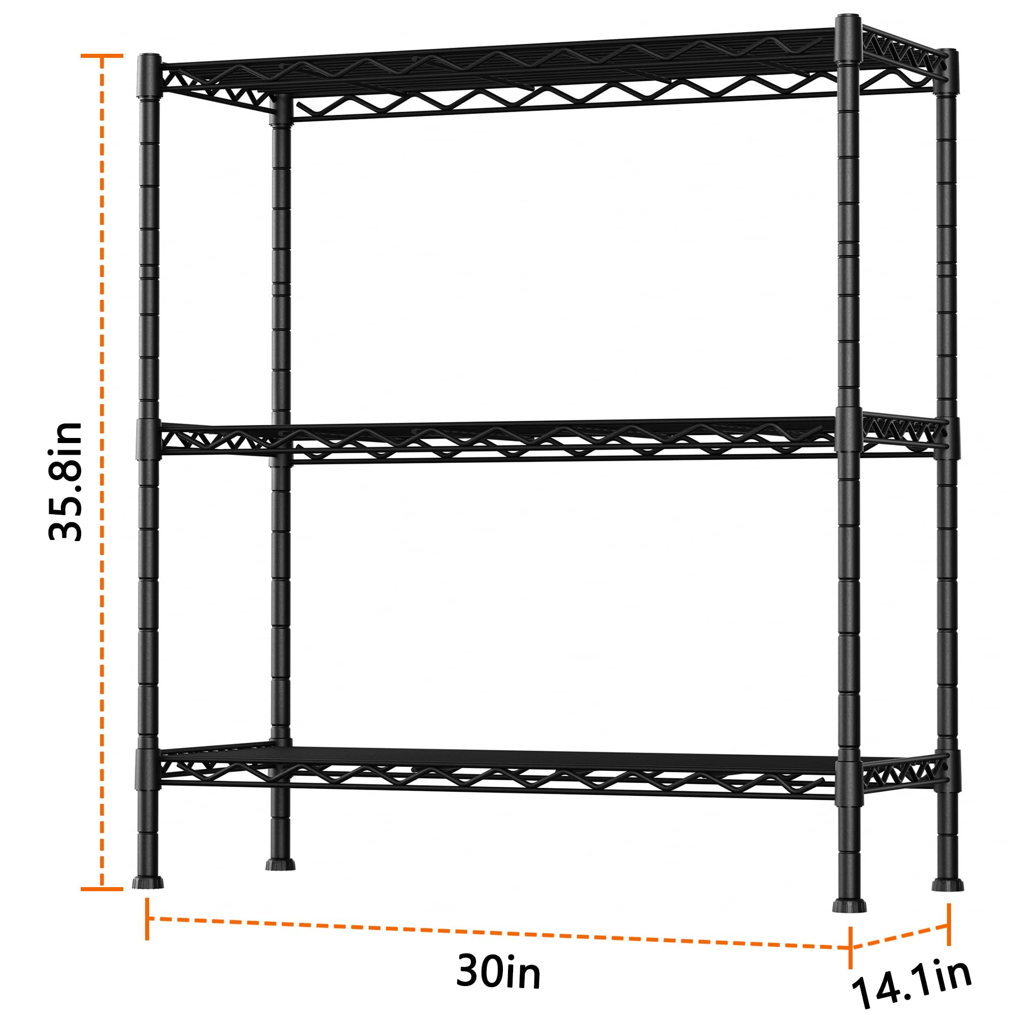 REGILLER 3-Shelf Adjustable Heavy Duty Storage Shelves,30" Lx14.1 Wx35.8 H Metal Organizer Wire Rack for Laundry Bathroom Kitchen Pantry Closet Garage Shelving Black