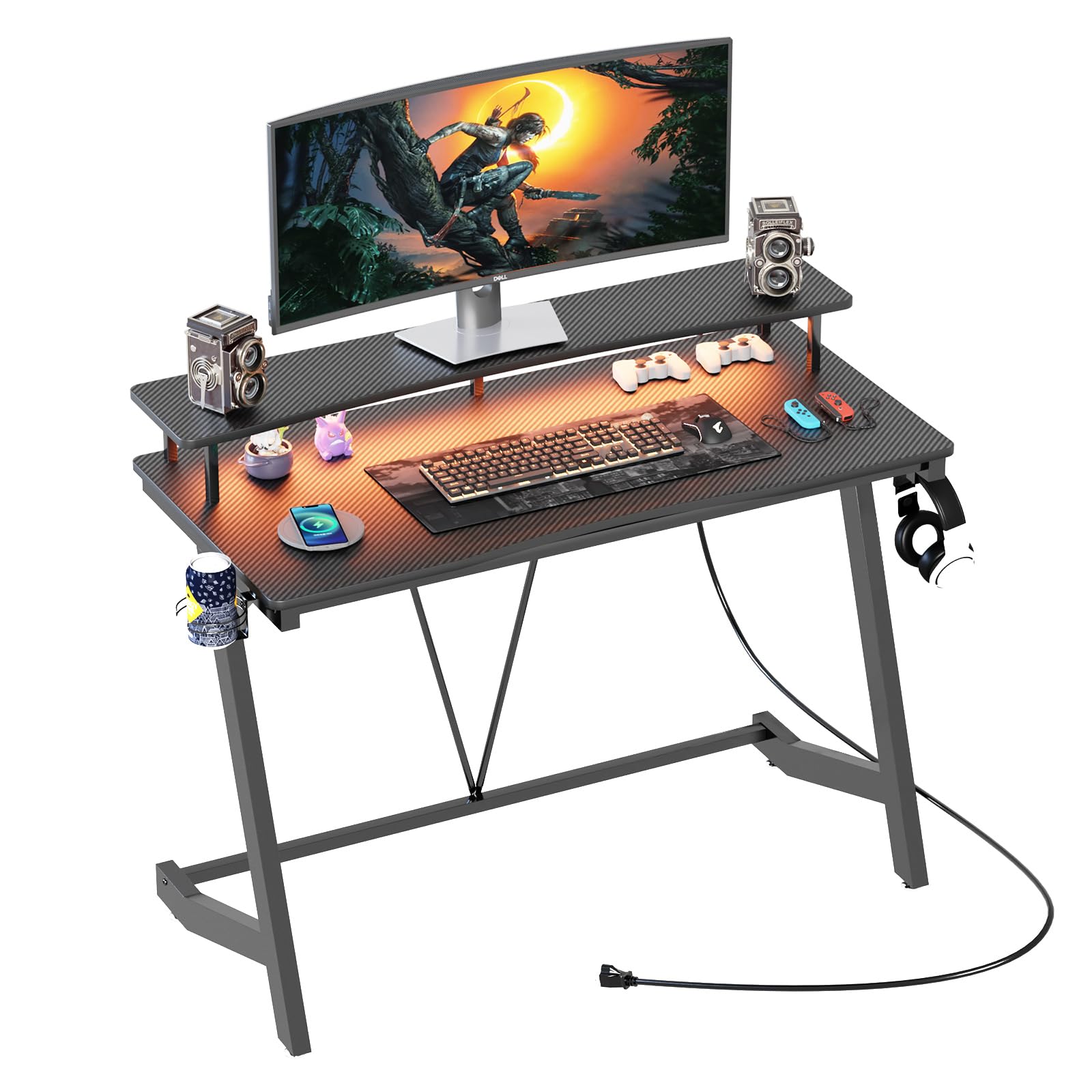 TREETALK Gaming Desk with Power Outlets & Music Strip Lights,Computer Desk with Large Monitor Stand, PC Laptop Table for Small Spaces, Gamer Workstation with Cup Holder, Headphone Hook for Home Office