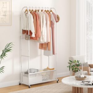 MOYIPIN Double Rods Clothing Rack with Wheels,Clothing Rack for Hanging Clothes Coat Scarves Bags,Multi-functional Bedroom Garment Rack,4 Hooks,White