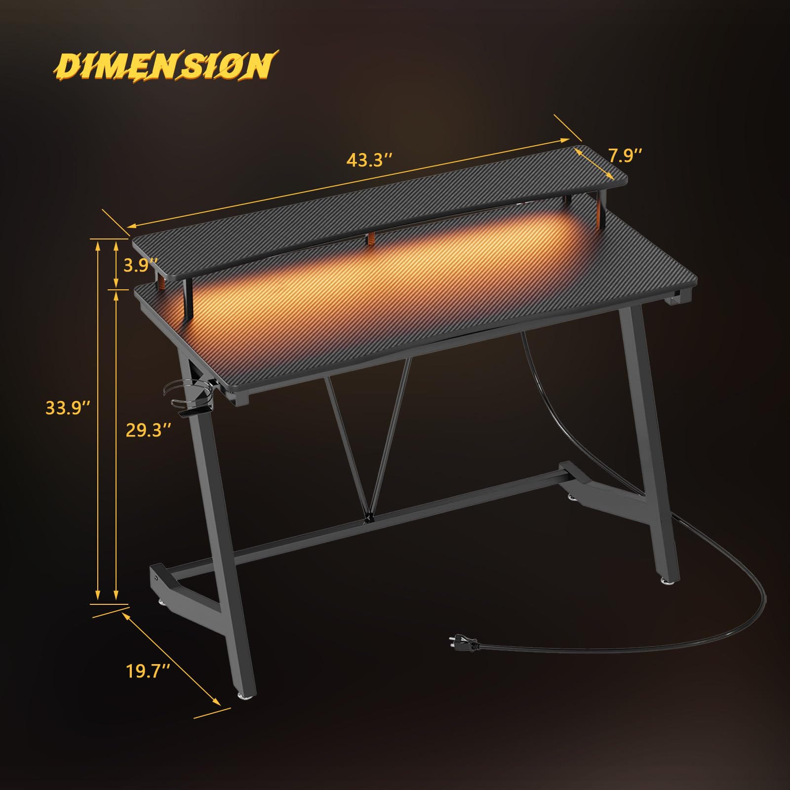 TREETALK Gaming Desk with Power Outlets & Music Strip Lights,Computer Desk with Large Monitor Stand, PC Laptop Table for Small Spaces, Gamer Workstation with Cup Holder, Headphone Hook for Home Office