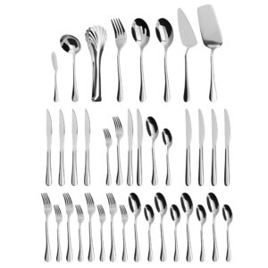 silverware set,32 piece siverware set and serving utensil set,stainless steel knives spoon forks set for home, kitchen, mirror polished& dishwasher safe (5.5-11.2inch serving set+silverware set-32pcs)