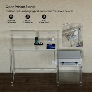 Eglaf Acrylic Desk with Printer Space - Home Office Desk Computer Desk with Power Outlet, Monitor Stand, for Study Working Writing Gaming, 44.5'' L x 18.9'' W x 35.8'' H, Clear