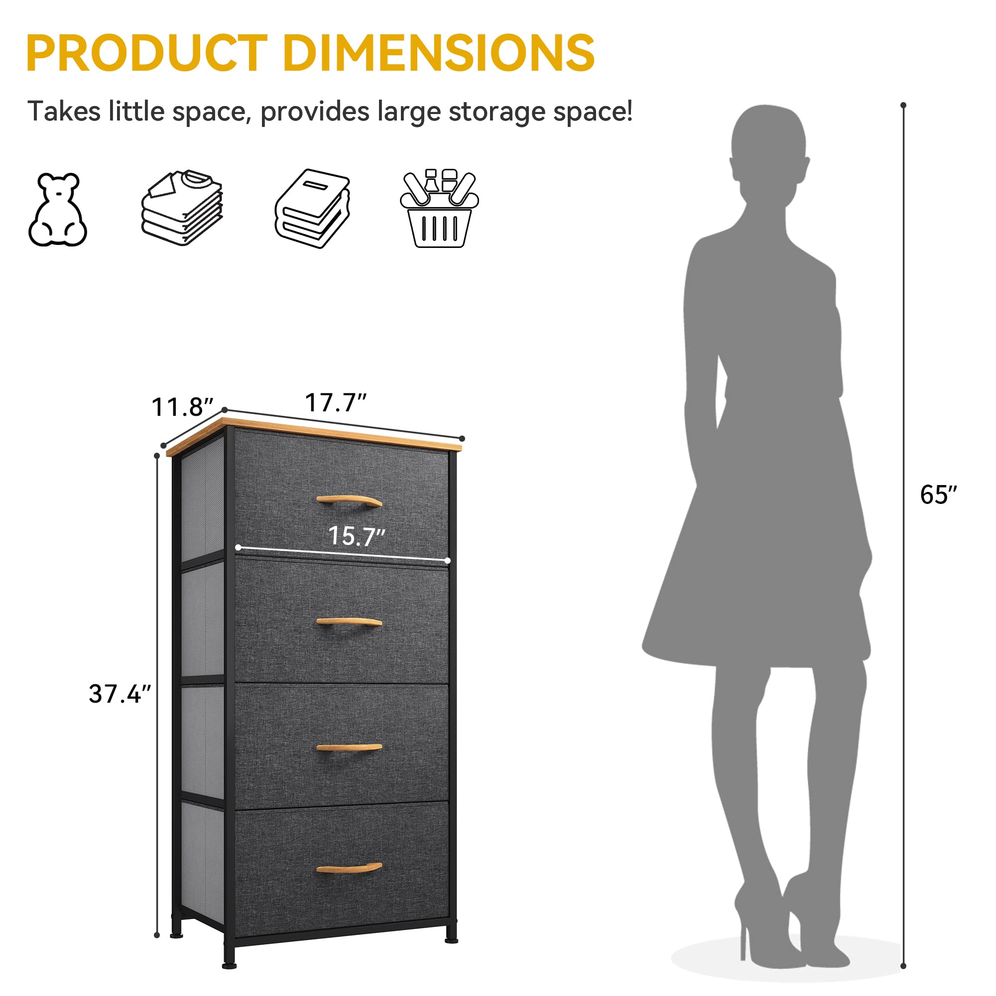 DWVO 4 Drawers Dresser, Small Dresser for Bedroom, Fabric Storage Tower, Chest of Drawers, Organizer Unit for Closets, Living Room, Sturdy Steel Frame, Wooden Top, Easy Pull Handle