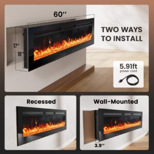 Silonn 60″ Electric Fireplace Heater with App & Remote Control, 5300 BTU Heat Output, Ultra-Slim Wall-Mounted or Recessed Electric Fireplace Inserts with Timer, 20 Flame Colors, SLELF02B-60